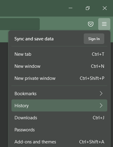 The hamburger icon at the top right of Mozilla's browser, highlighting the "History" option