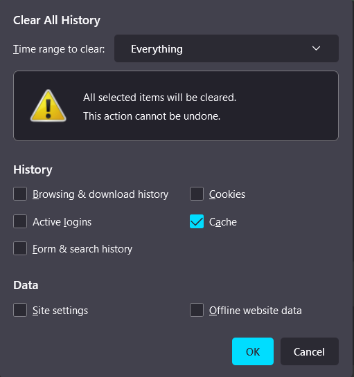 Clear All History window in Mozilla - ticking the "Cache" option