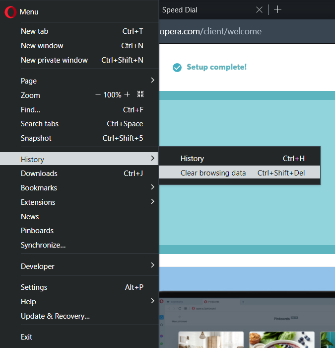 Opera menu, highlighting "History" and "Clear Browsing Data"