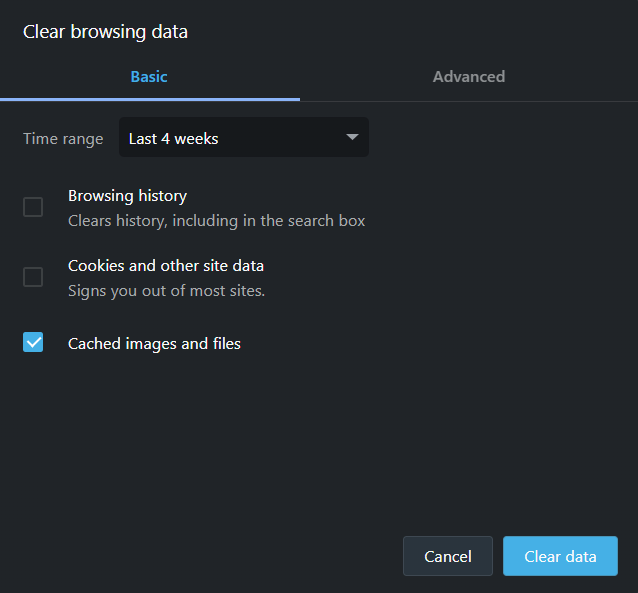 Clear browsing data settings in Opera for selecting time range.