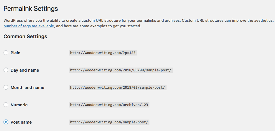 Captura de tela das configurações de links permanentes do WordPress