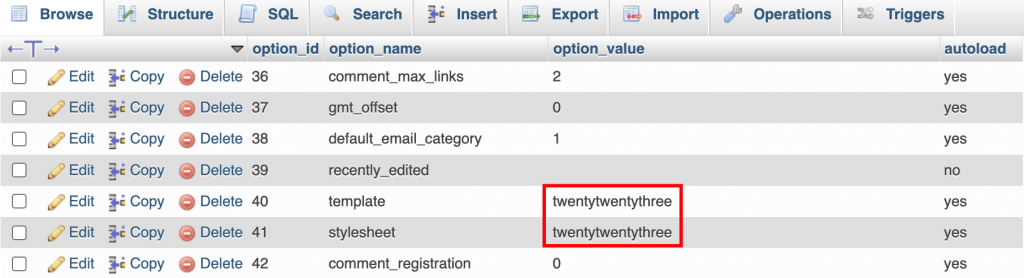 The template and stylesheet rows in phpMyAdmin