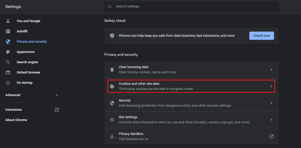 Cookies and other site data section in Google Chrome's settings