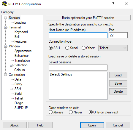 Configuring PuTTY SSH client. 