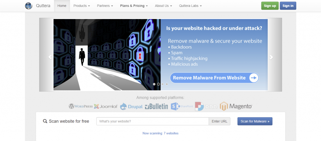 Quterra's homepage featuring the malware removal tool.