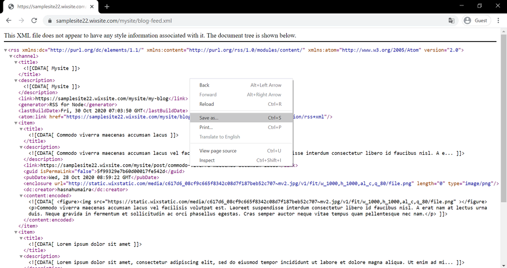 Screenshot showcasing an RSS page being saved