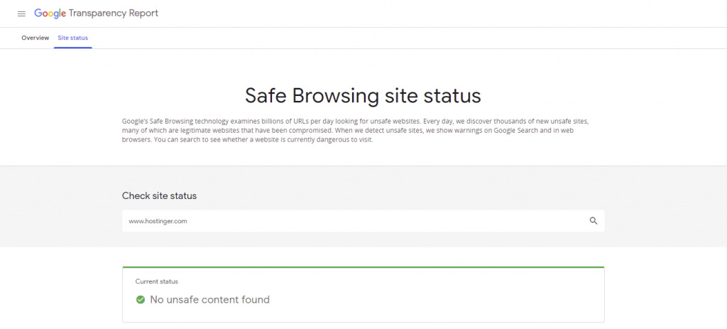 Google Transparency Report showing that the current status is "No unsafe content found"
