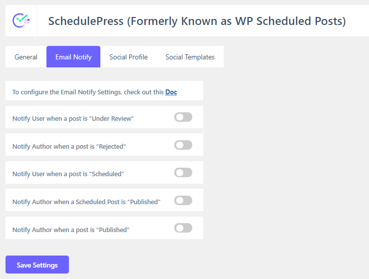 The Email Notify settings in SchedulePress.
