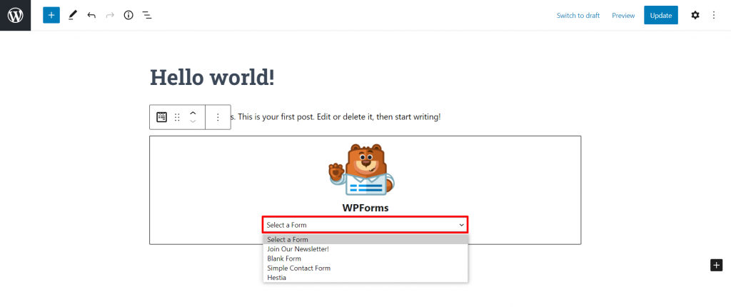 Choose the contact form you want to embed from the form options available in WPForms