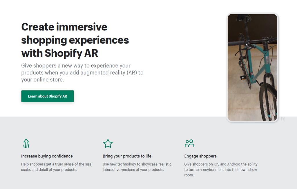 The landing page of Shopify AR.