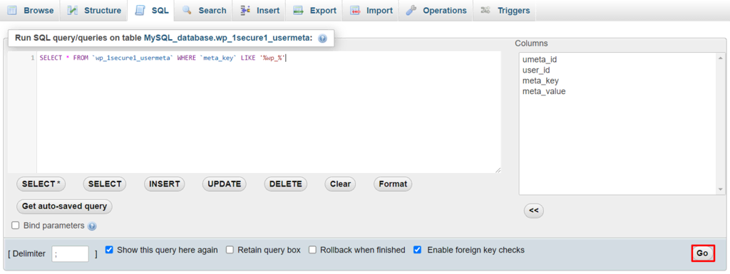 Screenshot of the SQL Query Editor with the SELECT * FROM code in use