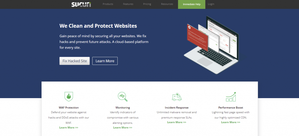 Sucuri's homepage featuring the tool to fix hacked websites. 