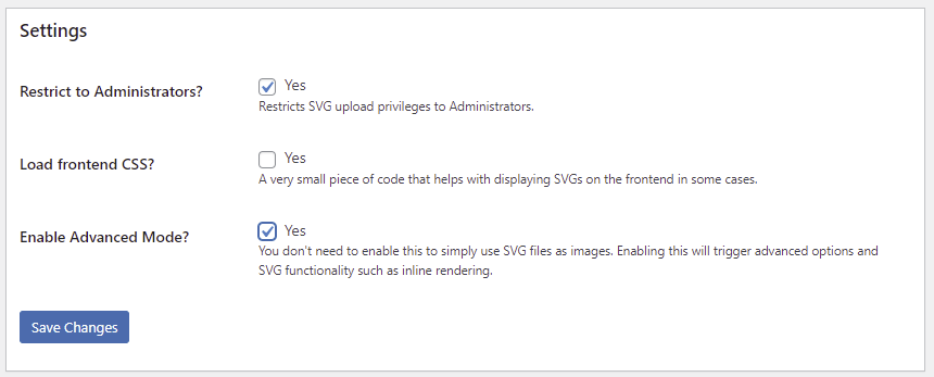 Configuring the SVG Support plugin.