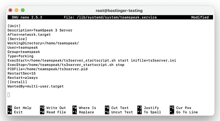 Screenshot of the teamspeak.service file content