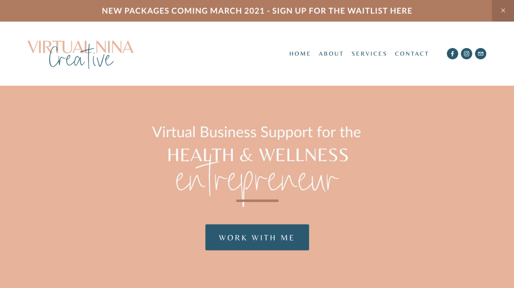 Virtual Nina health and wellness entrepreneur homepage. 
