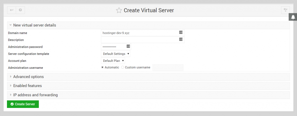 The create a virtual server window in Virtualmin.