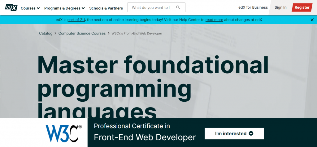 W3C's Front-End Web Developer Professional Certificate course.