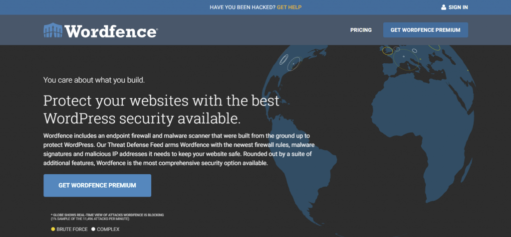 Wordfence's homepage featuring premium security plans. 