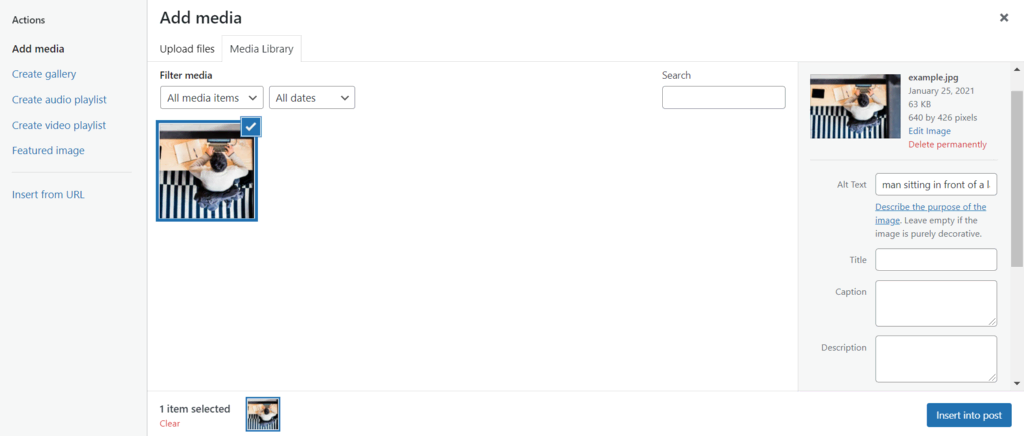 Captura de tela da opção de adicionar mídia do WordPress