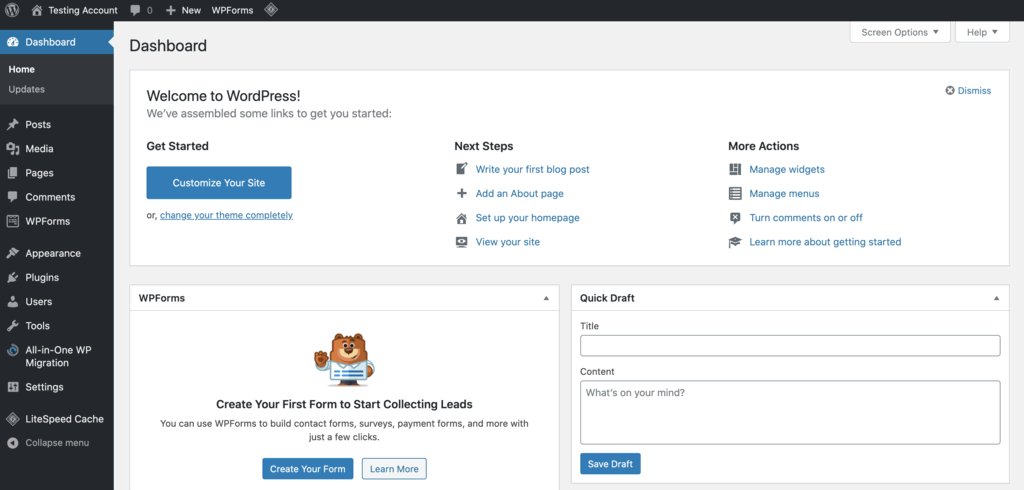 Captura de tela do painel do WordPress