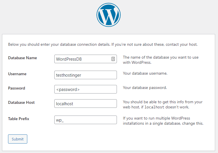 WordPress setup page, showing the form for database connection details