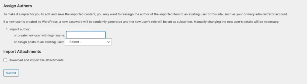 Screenshot of the assign authors setting that appears after importing a website on WordPress