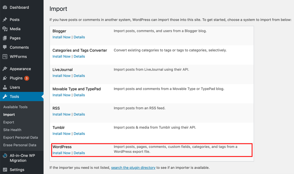 Screenshot of the Import page on WordPress dashboard