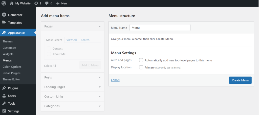 Screenshot of the WordPress menus screen