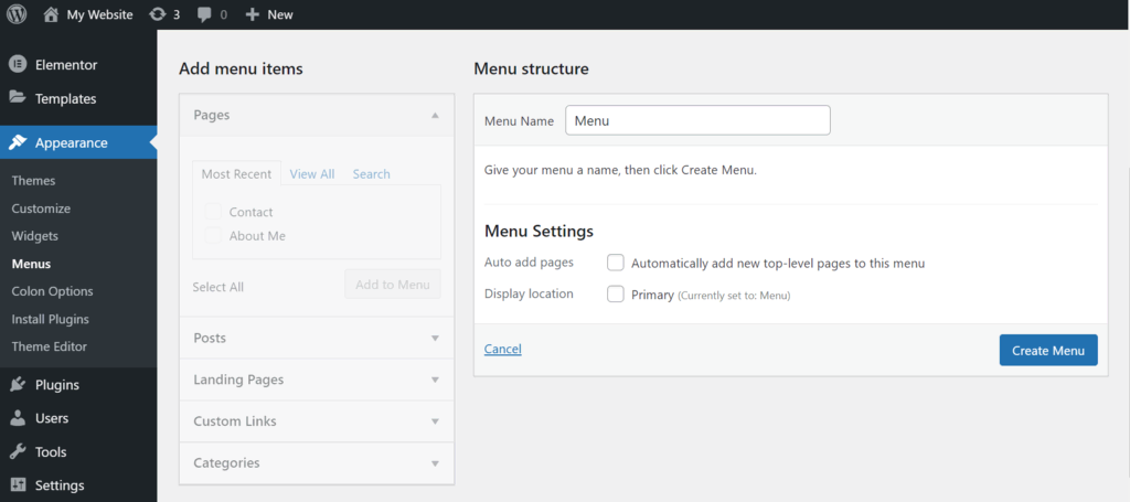 Captura de tela da tela de menus do WordPress