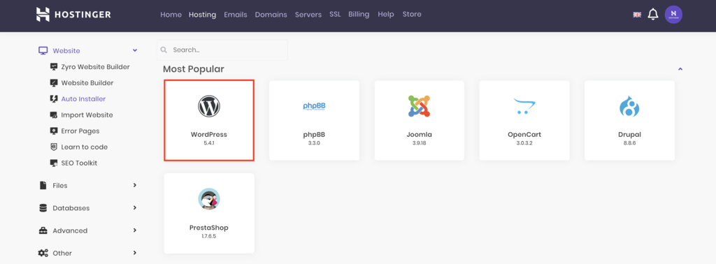 Captura de tela mostrando o instalador automático do WordPress no hPanel