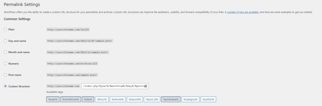 Choosing custom structure on the WordPress Permalink Settings window. 