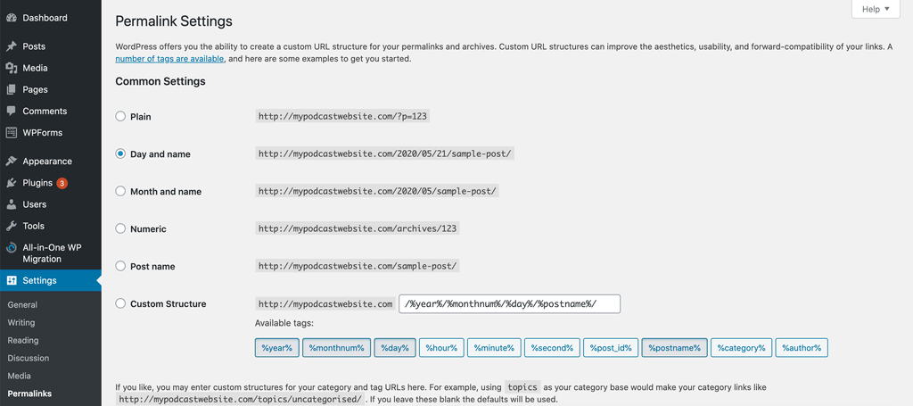Screenshot of WordPress's permalink settings