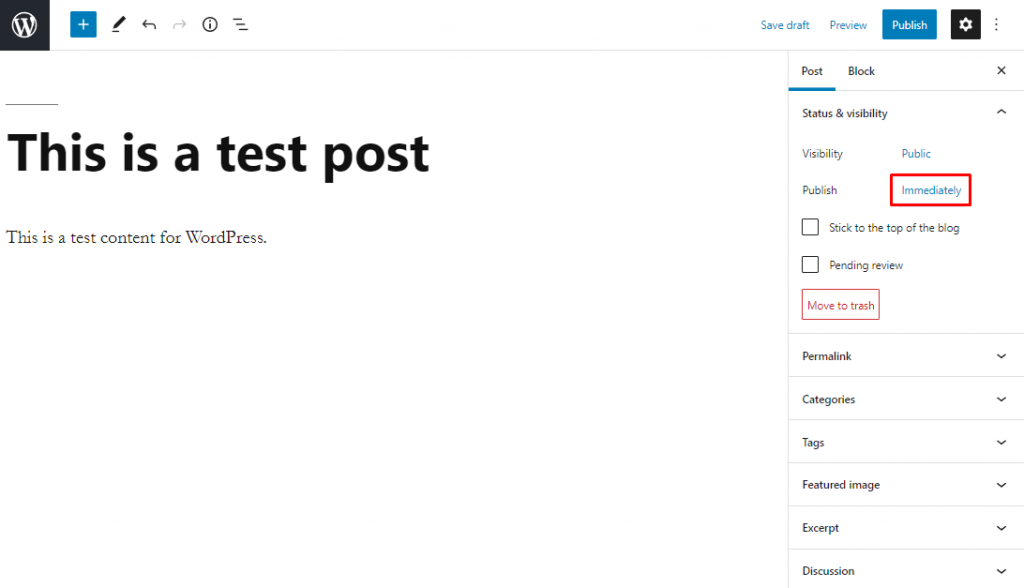 The option to publish posts immediately in the WordPress Gutenberg editor tab. 