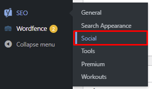 The WordPress dashboard, showing the Yoast SEO section in the tab and highlighting the Social option