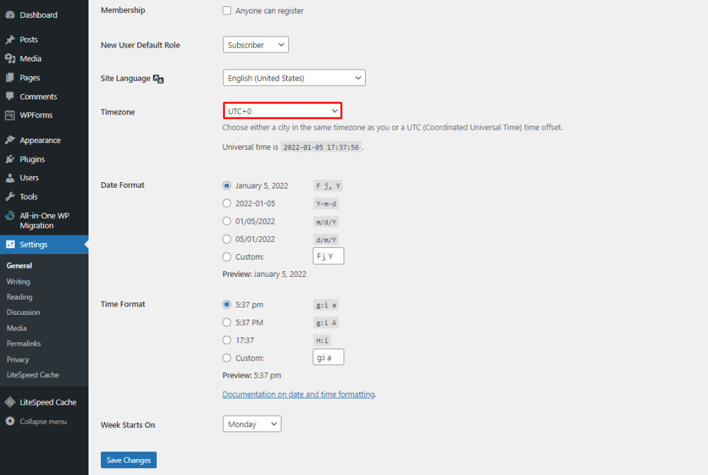 The Timezone settings in WordPress dashboard. 