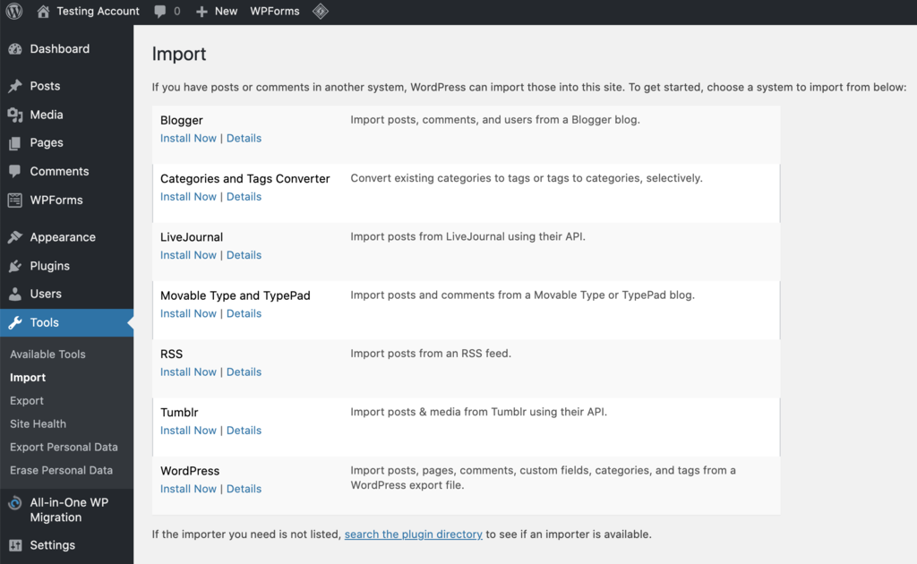 Screenshot of the WordPress Tools section in the dashboard 