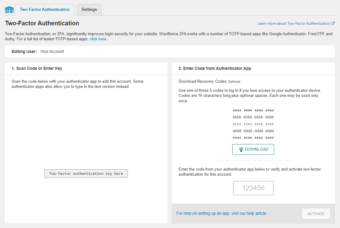 Screenshot of the WordPress two-factor authentication screen