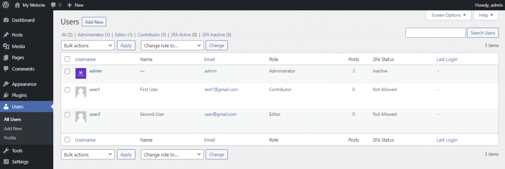 WordPress user roles section with user management options.