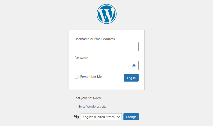 Opción de idioma en la página de inicio de sesión del administrador de WordPress.