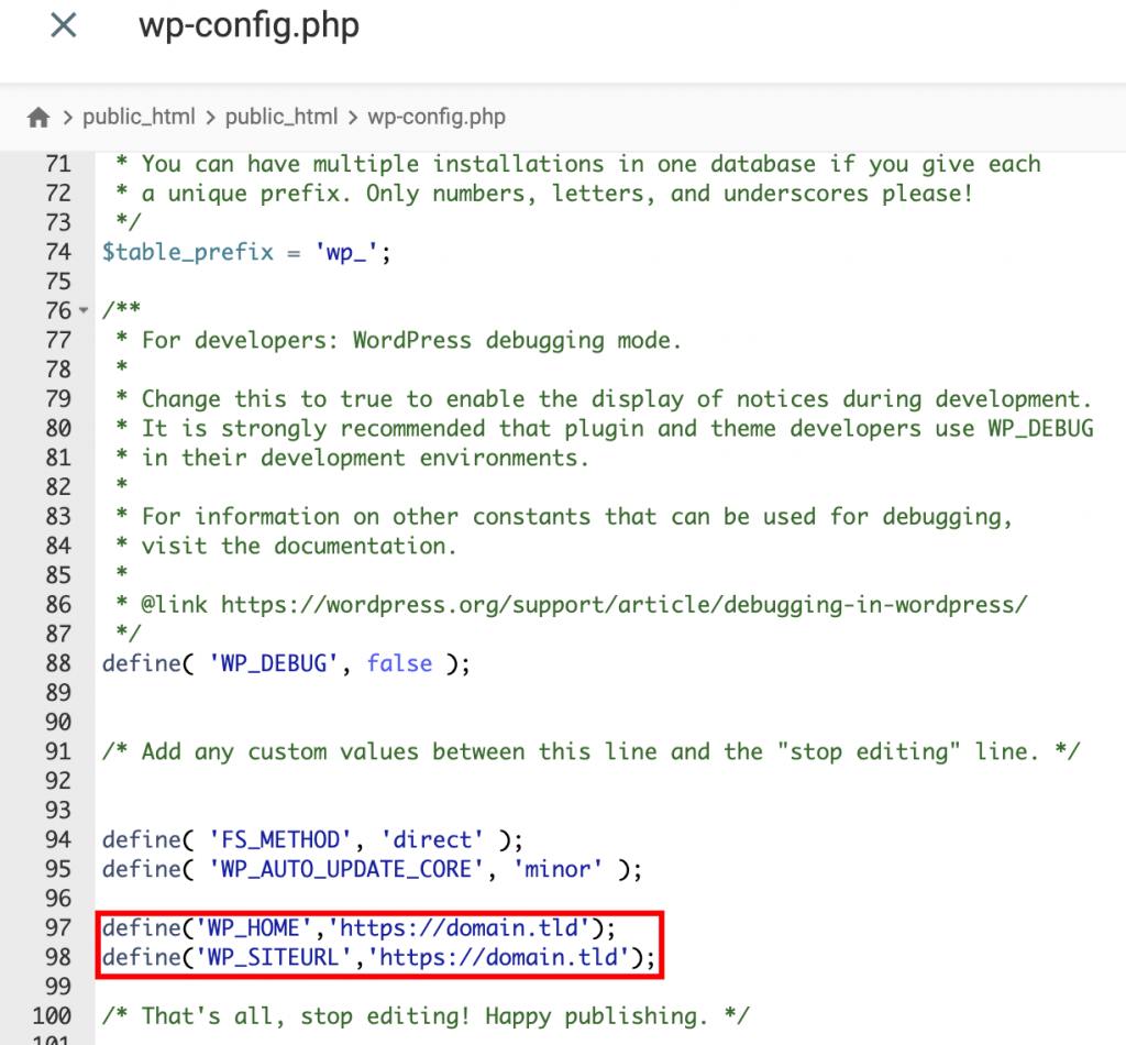 The contents of the wp-config.php file for WordPress. Define site home and url lines are highlighted 
