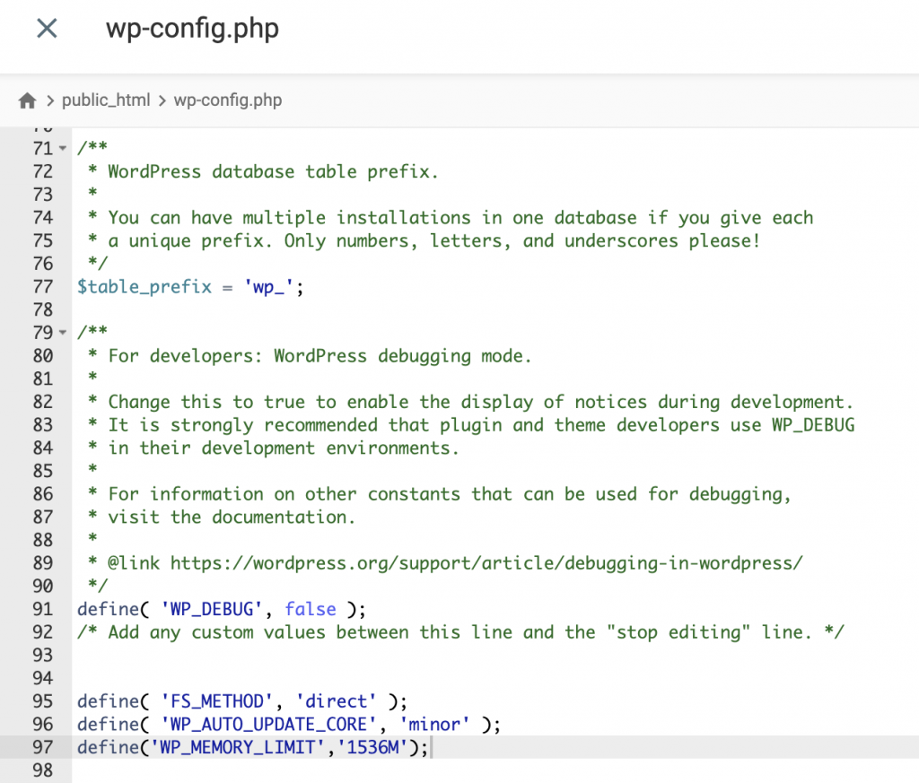 The 'define('WP_MEMORY_LIMIT','1536M') line in the wp-config.php file