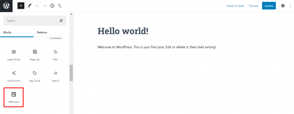 On the WordPress page editor, find the WPForms blocks.
