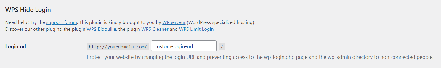 Screenshot showcasing the WPS hide login settings
