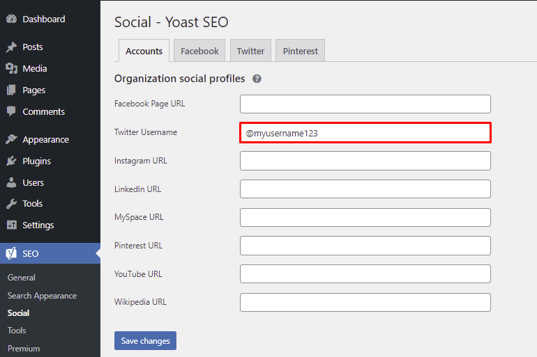The social tab in WordPress dashboard's Yoast SEO, showing the form for the social profile.
