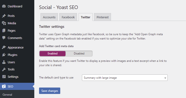 Twitter tab in the WordPress dashboard's Yoast SEO section, featuring the option to enable Twitter card meta data