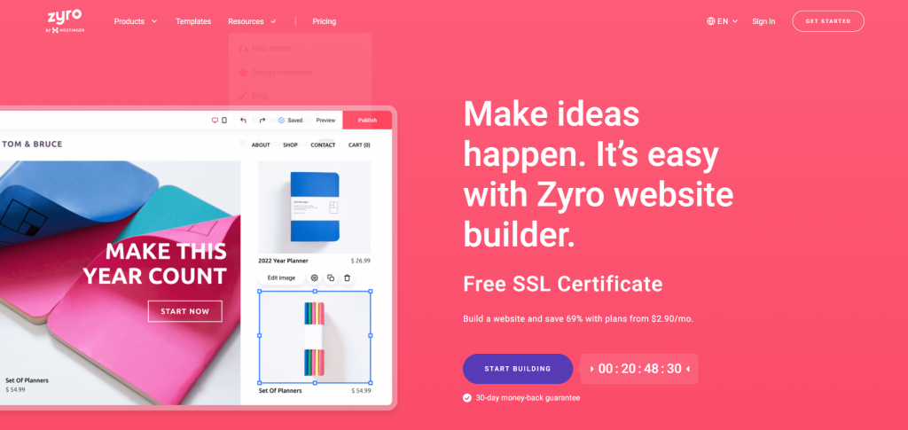The landing page of Zyro.