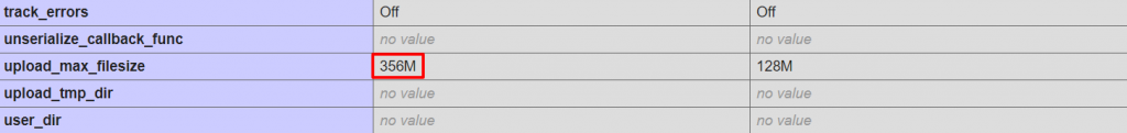 The upload_max_filesize field in hPanel, highlighting that the size of the file is 356M