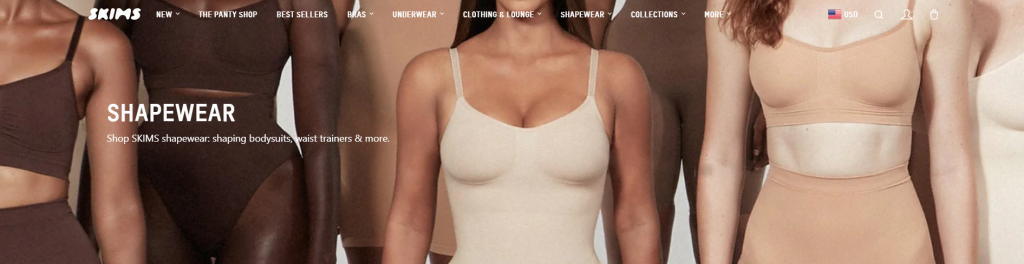 A page on the SKIMS website showing a diverse group of women wearing different styles and colors of shapewear_