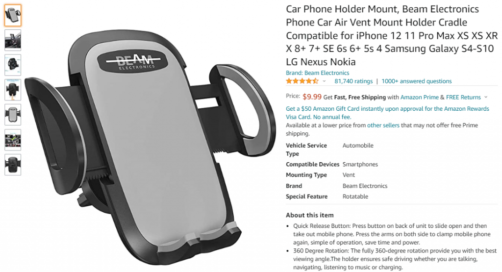 A product page on Amazon showing a photo of a car phone holder by Beam Electronics along with its price, ratings, and product details