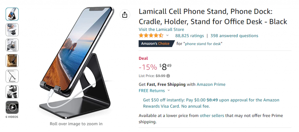 A product page on Amazon showing a photo of a phone stand by Lamicall Store along with its price and ratings.